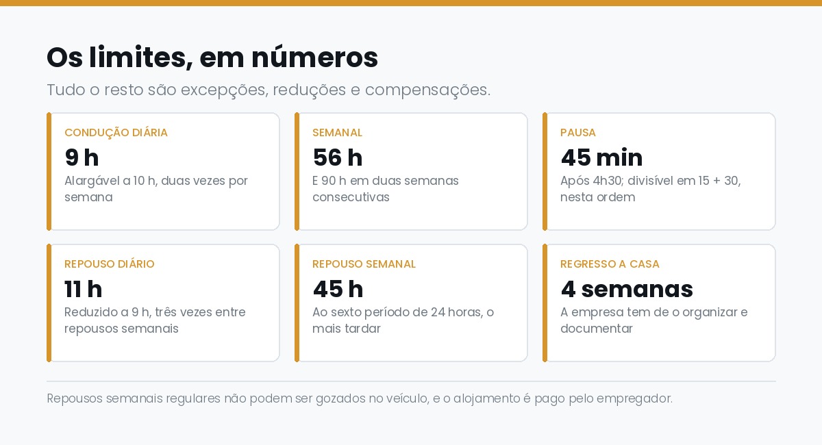 Os limites de condução, pausas e repousos, e a obrigação de organizar o regresso do condutor a casa